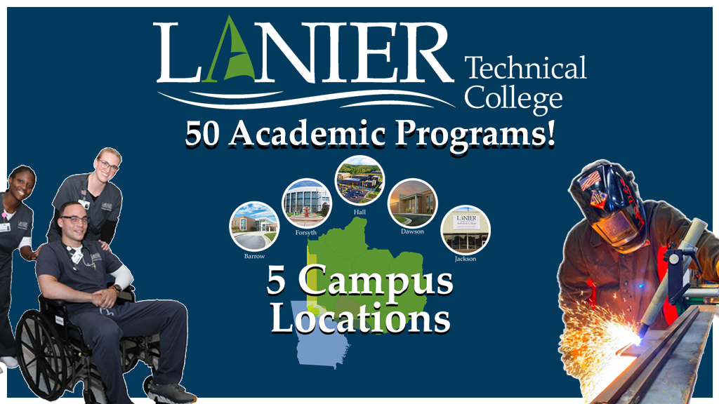 Lanier Tech logo 5 campuses 50 academic programs